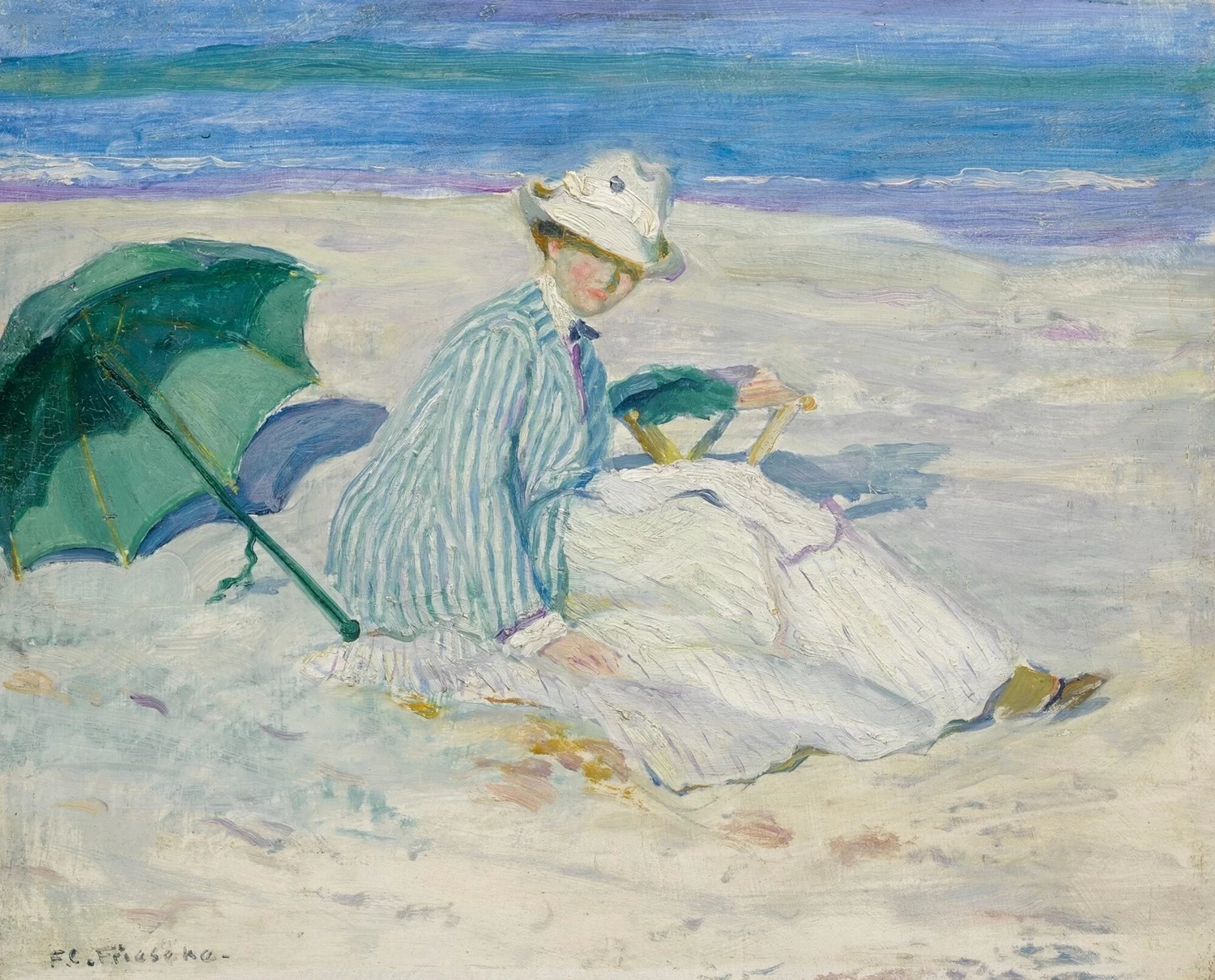 Donna in spiaggia con parasole